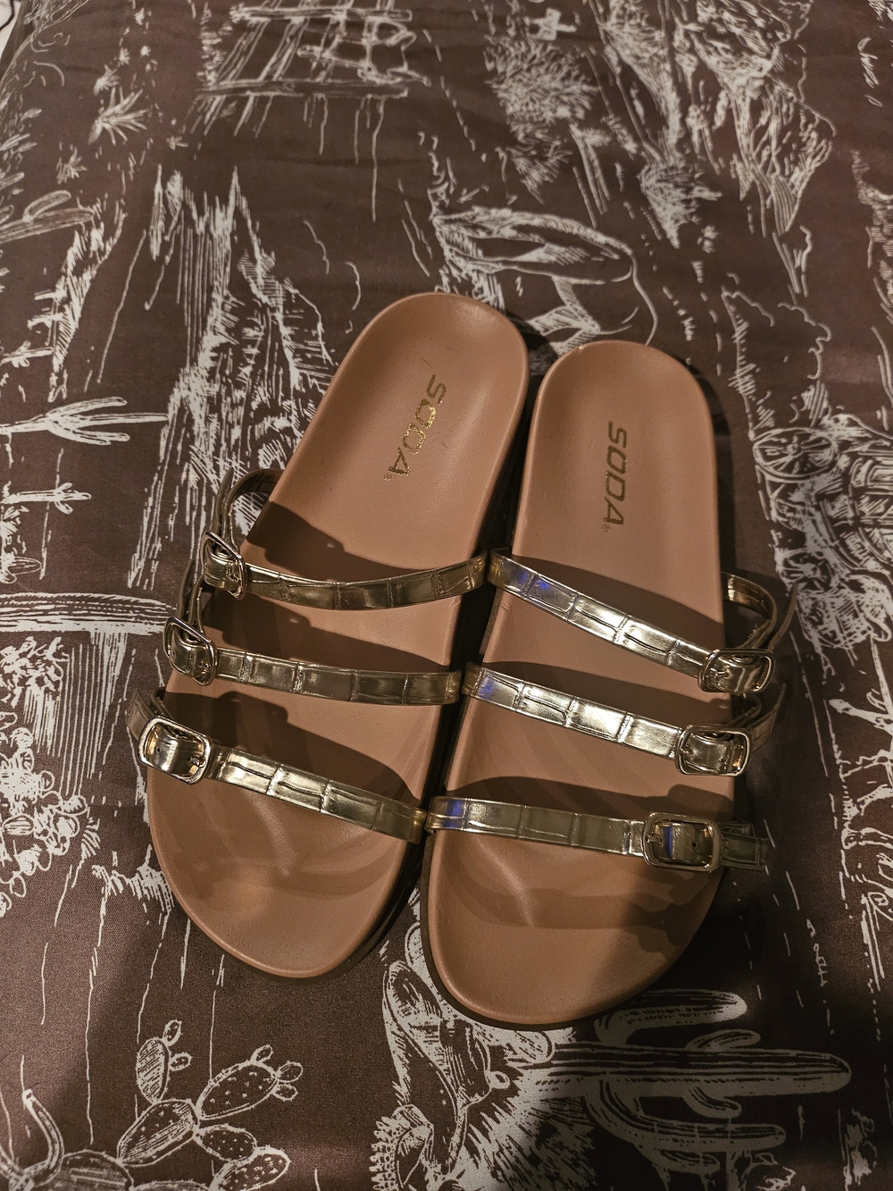 Soda Metallic Gold Triple-Strap Slide Sandals